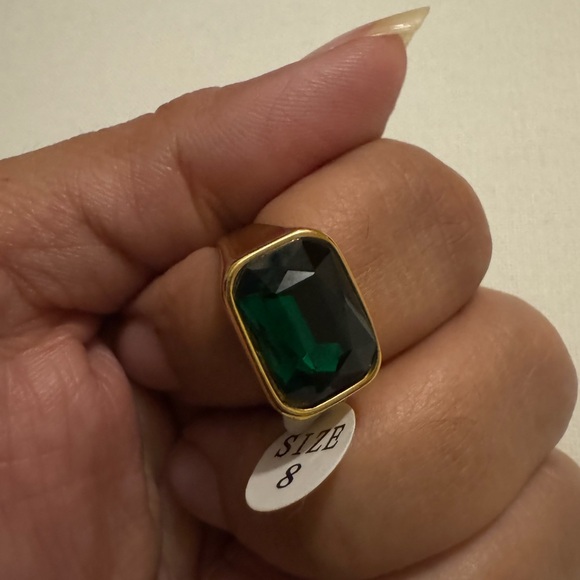 Gold Plated Titanium Steel Square Stone Ring Green - Picture 6 of 7